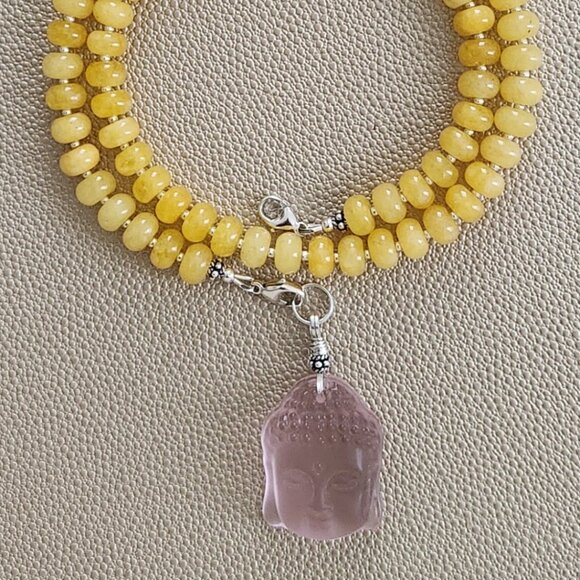 YELLOW JADE NECKLACE W/ PINK BUDDHA PENDANT--20" - Picture 4 of 7
